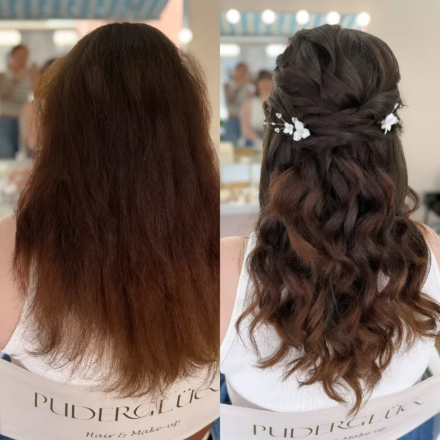 Bitte die Haare vor dem Styling AUSSCHLIEẞLICH mit Shampoo waschen. Ich schreibe es bewusst in großen Buchstaben, weil es eine der am häufigsten gestellten Fragen an mich ist. Genauso steht es auch in meinem Bridal Guide. 🤓
Es ist ganz wichtig, dass vor dem professionellen Styling KEIN Conditioner, Spülung, Haaröl oder andere Leave-In Produkte benutzt werden. Und auch NICHT glätten vorher. 😉
Und ja ich weiß es ist komisch, gerade wenn man eher trockene Haare mit viel Naturkrause hat. 
ABER es ist enorm wichtig für uns Stylisten, damit unsere Produkte funktionieren und wir die Frisur haltbar machen können. 
Ihr müsst euch keine Sorgen! Wir sind Profis und eure Haare werden nachher glänzen! ✨🥰 
#hairstyling #bridetobe #brautstyling #beforeandafter